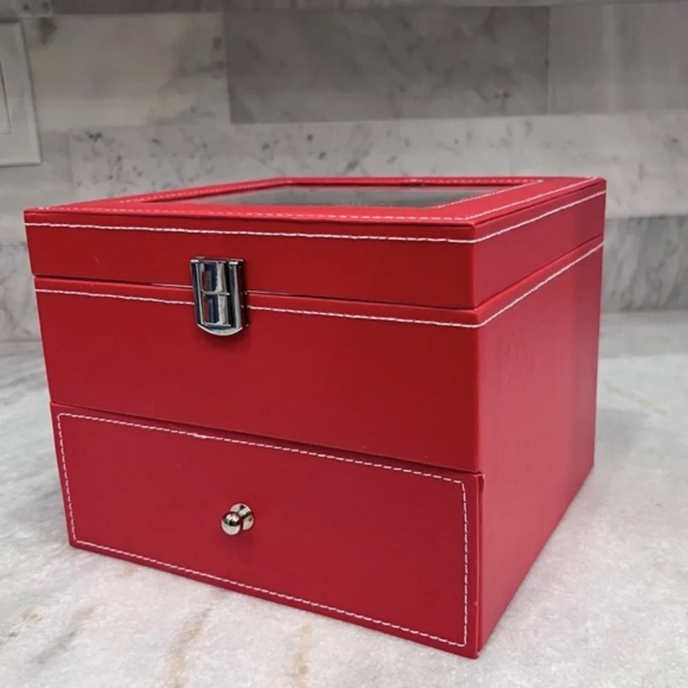 2 TIER Coral Red Faux Leather Watch Box